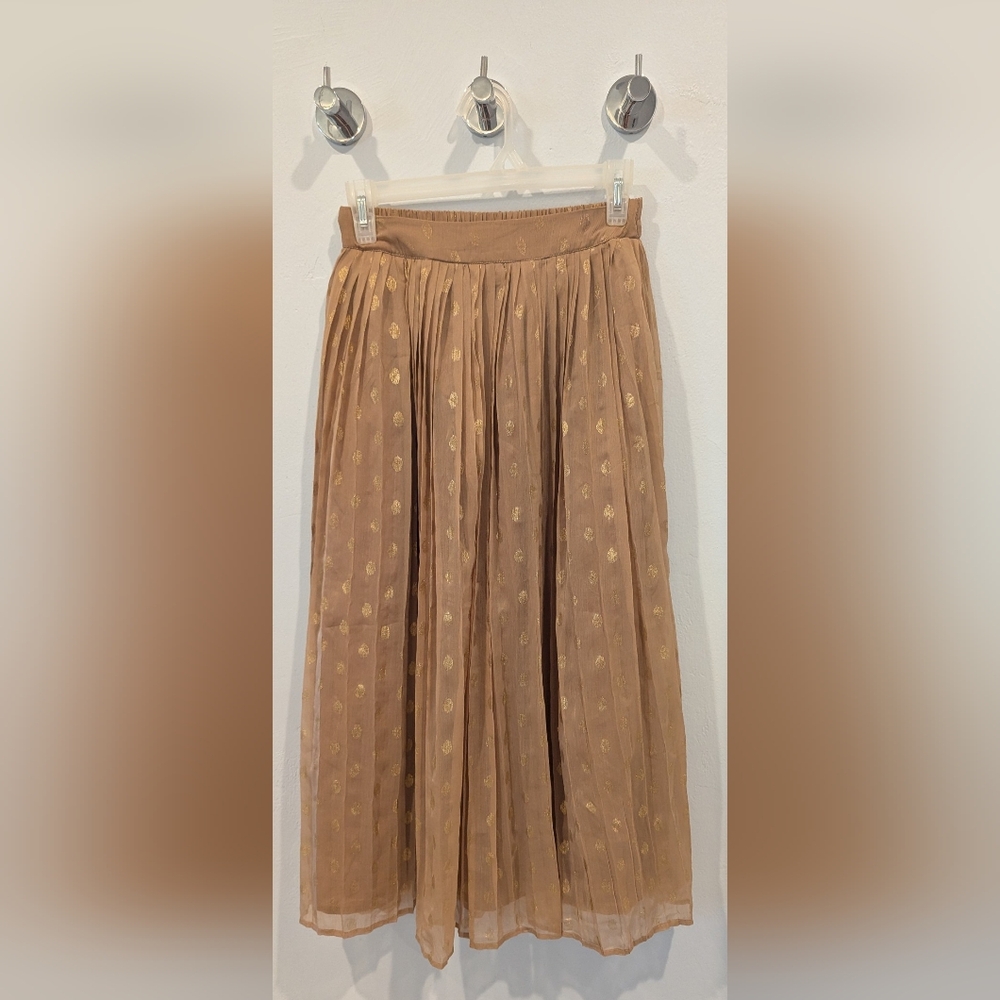 Tan Pleated Midi Skirt With Gold Dot Detail